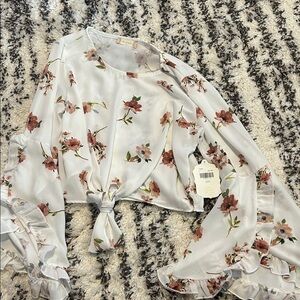 Altar'd State Floral Blouse with Tie-Front in White and Pink